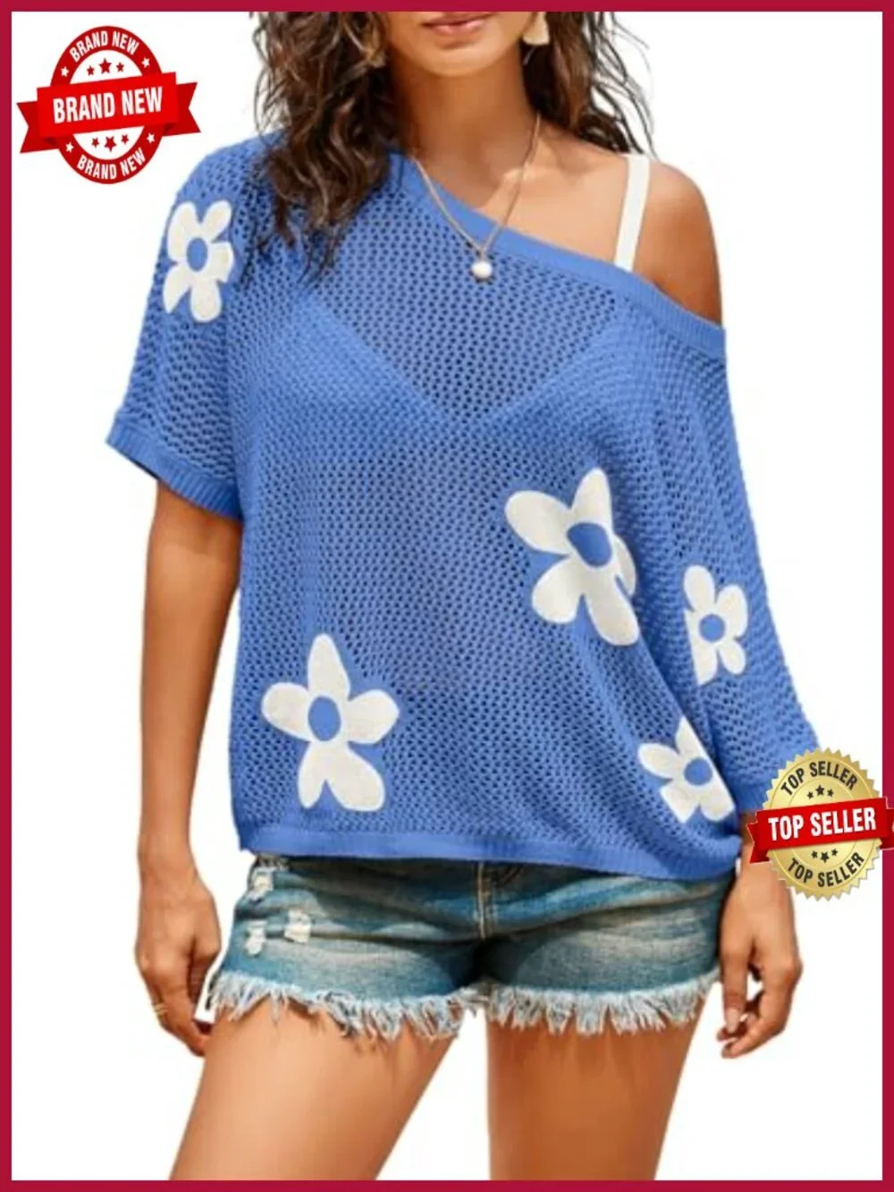 Women's Crochet Knit Floral Pullover Short Sleeve Beach Coverup Summer Sweater